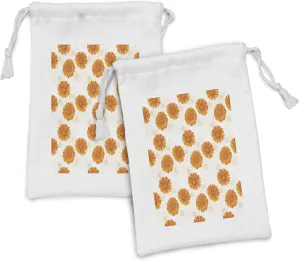 Ambesonne Burnt Orange Fabric Pouch Set of 2, Blooming Calendula Flowers Watercolor Botany Themed Composition, Small Drawstring Bag for Toiletries Masks and Favors, 9" x 6", Burnt Orange and White