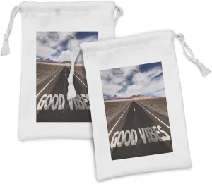 Ambesonne Chill Fabric Pouch Set of 2, Inspirational Phrase Highway Roadme Travel Enthusiasm, Small Drawstring Bag for Toiletries Masks and Favors, 9" x 6", Brown Dark Blue White