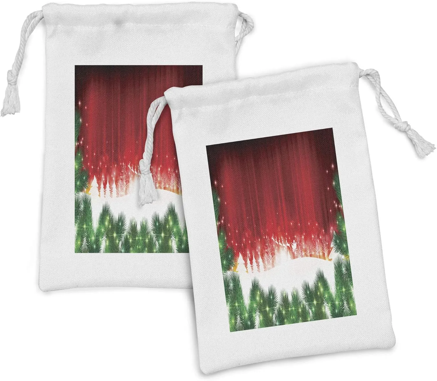 Ambesonne Christmas Fabric Pouch Set of 2, Blurry Xmas Carol Background Santa Fir Rudolph Annual Festival Image, Small Drawstring Bag for Toiletries Masks and Favors, 9" x 6", Red Green White