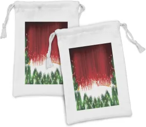 Ambesonne Christmas Fabric Pouch Set of 2, Blurry Xmas Carol Background Santa Fir Rudolph Annual Festival Image, Small Drawstring Bag for Toiletries Masks and Favors, 9" x 6", Red Green White