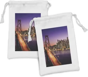 Ambesonne Cityscape Fabric Pouch Set of 2, City at Night Bridge on River Skyscrapers Cities USA Themed Water Arts Print, Small Drawstring Bag for Toiletries Masks and Favors, 9" x 6", Purple Orange