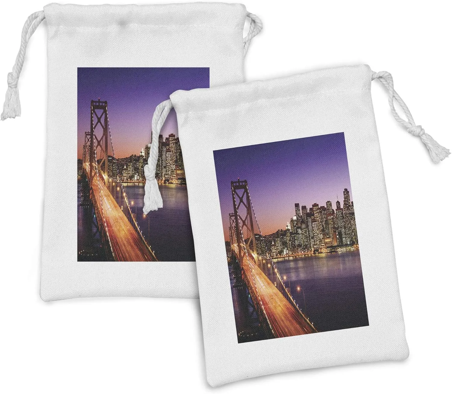 Ambesonne Cityscape Fabric Pouch Set of 2, City at Night Bridge on River Skyscrapers Cities USA Themed Water Arts Print, Small Drawstring Bag for Toiletries Masks and Favors, 9" x 6", Purple Orange