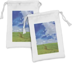 Ambesonne Country Fabric Pouch Set of 2, Earth Path Road on Grass Field Plateau Rural Countryside View with Clouds Image Print, Small Drawstring Bag for Toiletries Masks and Favors, 9" x 6", Blue