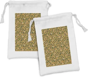 Ambesonne Floral Fabric Pouch Set of 2, Mother Nature Flourishing Daisy Field Botany Foliage Growth Seasonal Print, Small Drawstring Bag for Toiletries Masks and Favors, 9" x 6", Apricot Hunter Green