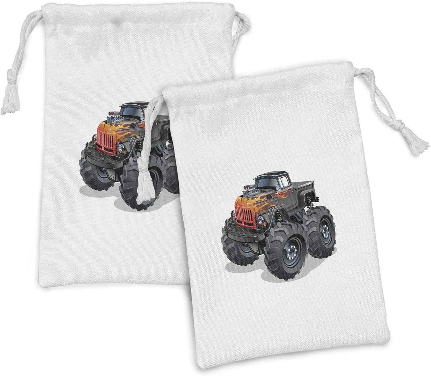 Ambesonne Monster Truck Fabric Pouch Set of 2, Cartoon Truck with Enormous Wheels and on Front Body, Small Drawstring Bag for Toiletries Masks and Favors, 9" x 6", Charcoal Grey Vermilion