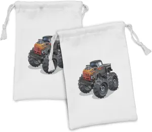 Ambesonne Monster Truck Fabric Pouch Set of 2, Cartoon Truck with Enormous Wheels and on Front Body, Small Drawstring Bag for Toiletries Masks and Favors, 9" x 6", Charcoal Grey Vermilion