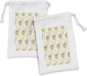 Ambesonne Mushroom Fabric Pouch Set of 2, Spring Forest Toadstool House Pattern Fictional Image Art, Small Drawstring Bag for Toiletries Masks and Favors, 9" x 6", Multicolor