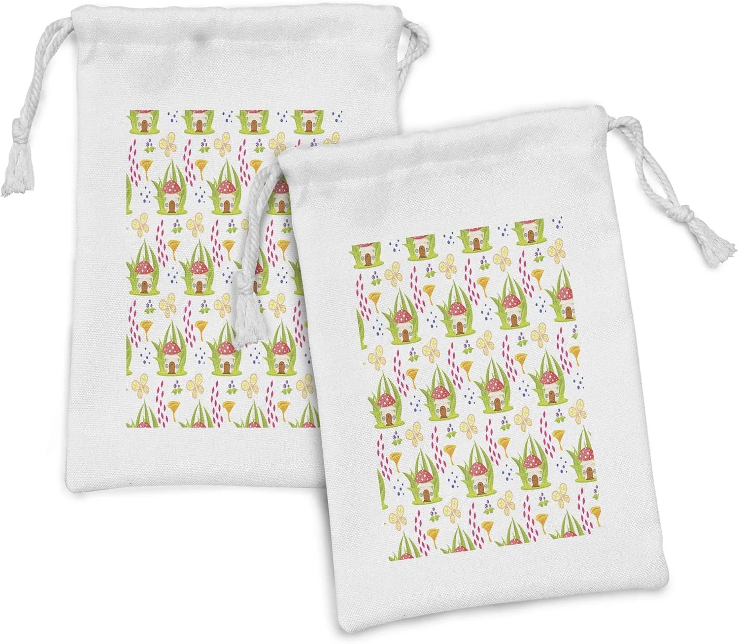 Ambesonne Mushroom Fabric Pouch Set of 2, Spring Forest Toadstool House Pattern Fictional Image Art, Small Drawstring Bag for Toiletries Masks and Favors, 9" x 6", Multicolor