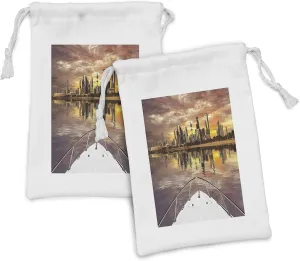 Ambesonne Travel Fabric Pouch Set of 2, Kuwait City Skyline from Sailboat Majestic Sky Skyscrapers Arabia Landscape Photo, Small Drawstring Bag for Toiletries Masks and Favors, 9" x 6", Multicolor
