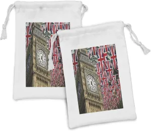 Ambesonne Union Jack Fabric Pouch Set of 2, UK Flags Background Big Ben Celebrations Loyalty, Small Drawstring Bag for Toiletries Masks and Favors, 9" x 6", Pale Coffee Red