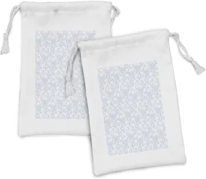 Ambesonne Vintage Fabric Pouch Set of 2, Soft Colored Floral Arrangement with Leaves Stalks and Geometric Shapes Design, Small Drawstring Bag for Toiletries Masks and Favors, 9" x 6", Pale Blue White