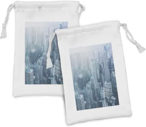 Ambesonne Winter Fabric Pouch Set of 2, Snow in New York City Image Skyline with Urban Skyscrapers in Manhattan USA, Small Drawstring Bag for Toiletries Masks and Favors, 9" x 6", White Pale Green