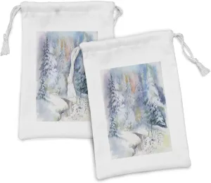 Ambesonne Winter Fabric Pouch Set of 2, Watercolor Painting Interpretation of a Snowy Scene and Blurred Pattern, Small Drawstring Bag for Toiletries Masks and Favors, 9" x 6", Multicolor