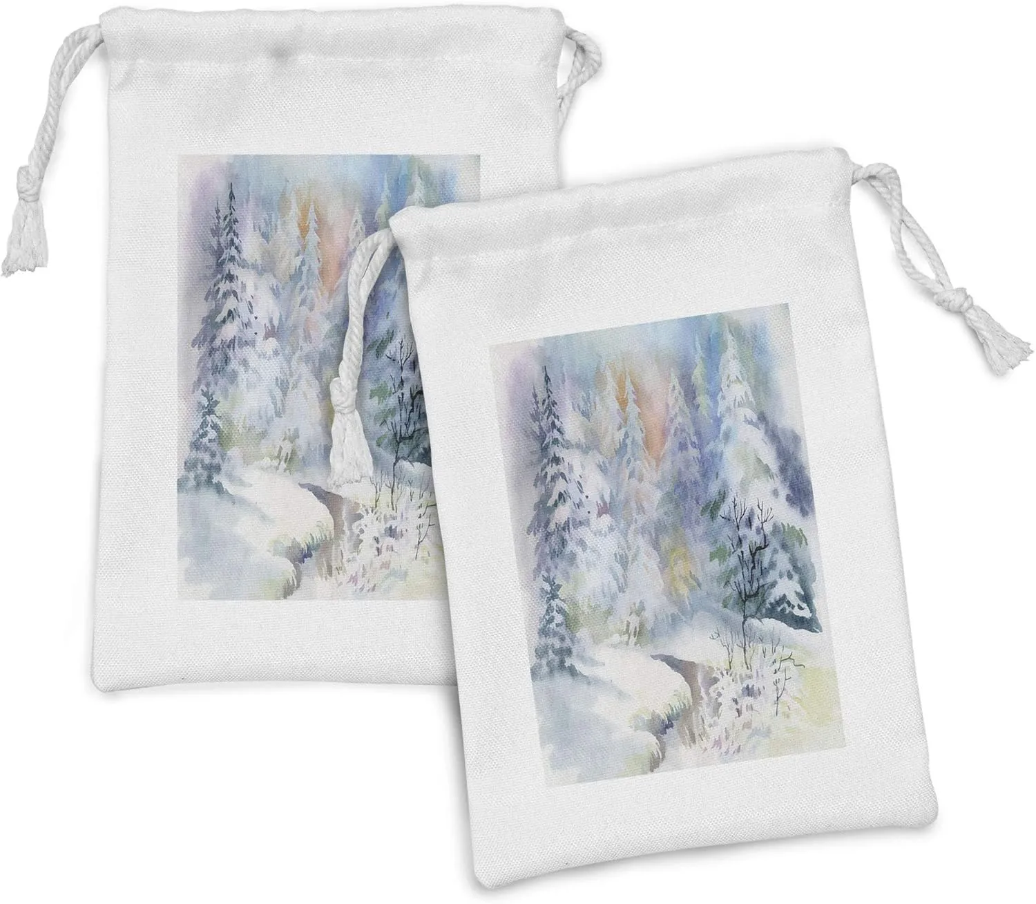 Ambesonne Winter Fabric Pouch Set of 2, Watercolor Painting Interpretation of a Snowy Scene and Blurred Pattern, Small Drawstring Bag for Toiletries Masks and Favors, 9" x 6", Multicolor