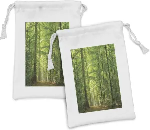 Ambesonne Woodland Fabric Pouch Set of 2, Deciduous Forest Trees in Summertime Foliage Sun Rays Romantic Holidays Scenic Image, Small Drawstring Bag for Toiletries Masks and Favors, 9" x 6", Green