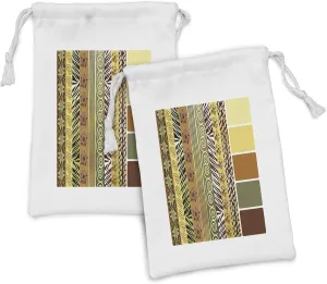 Ambesonne Zambia Fabric Pouch Set of 2, Vintage Mixed Pattern Earthen Toned Floral Abstract Image, Small Drawstring Bag for Toiletries Masks and Favors, 9" x 6", Multicolor