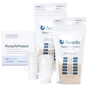 Ameda Pump'N Protect Breastmilk Storage Bag 6oz | 150 Count   2 Bag Adapters | Breast Milk Storage Bags for Refrigerator or Freezer | BPA Free | Breastfeeding Essentials | Breastfeeding Supplies