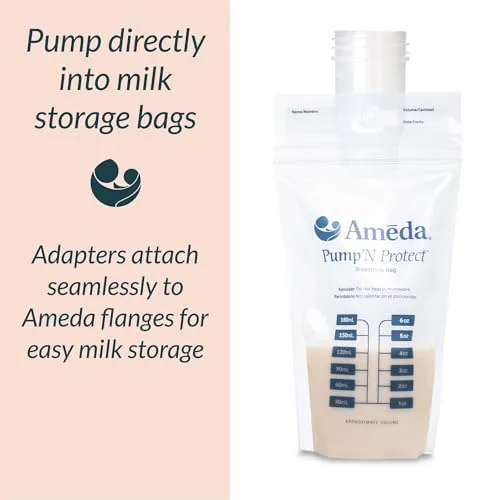 Ameda Pump'N Protect Breastmilk Storage Bag 6oz | 150 Count   2 Bag Adapters | Breast Milk Storage Bags for Refrigerator or Freezer | BPA Free | Breastfeeding Essentials | Breastfeeding Supplies