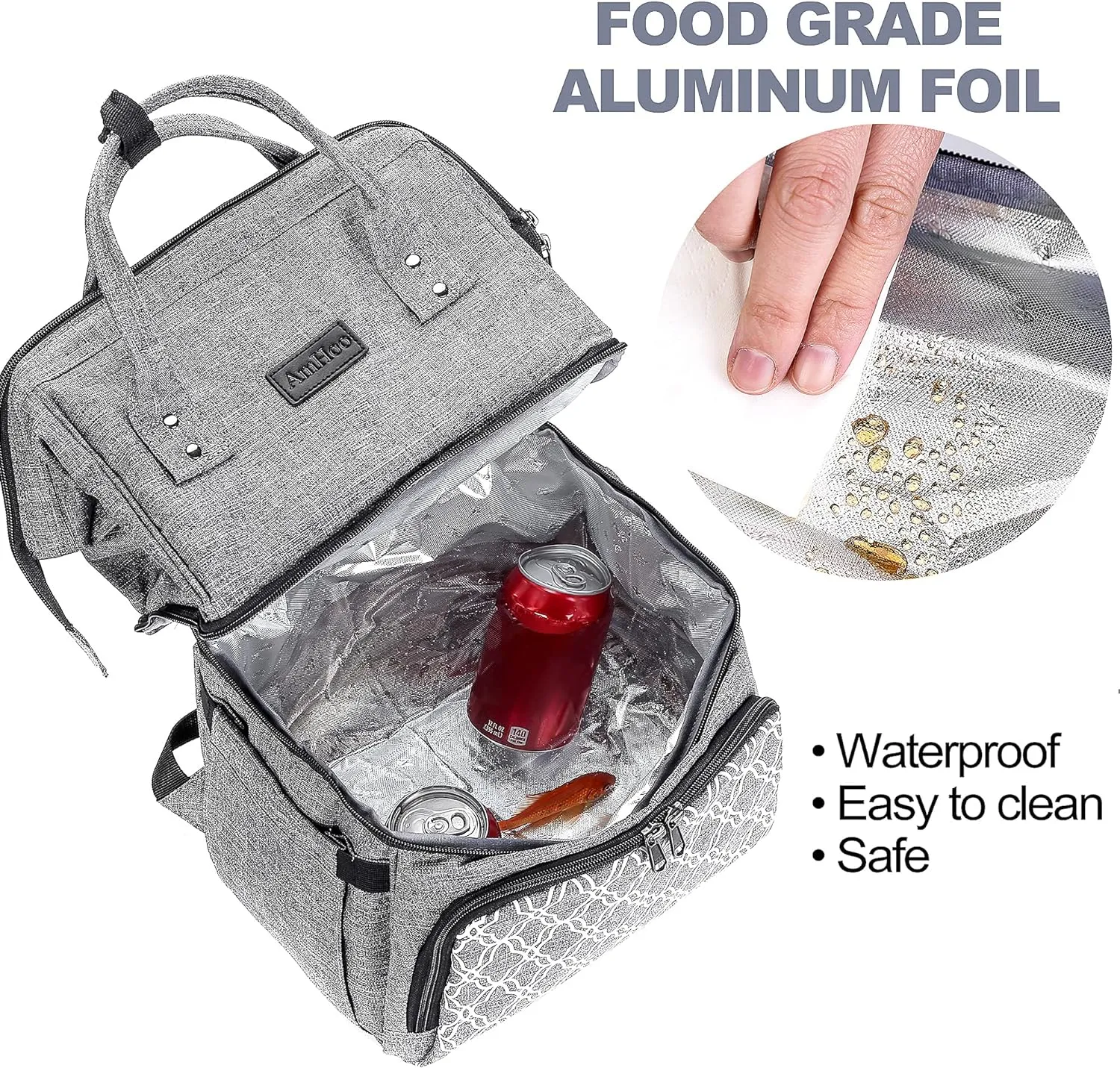 AmHoo Insulated Lunch Box Cooler Backpack Waterproof Leak-proof Lunch Bag Tote For Men Women Hiking Beach Picnic Trip with Strongest YKK Zipper Gray