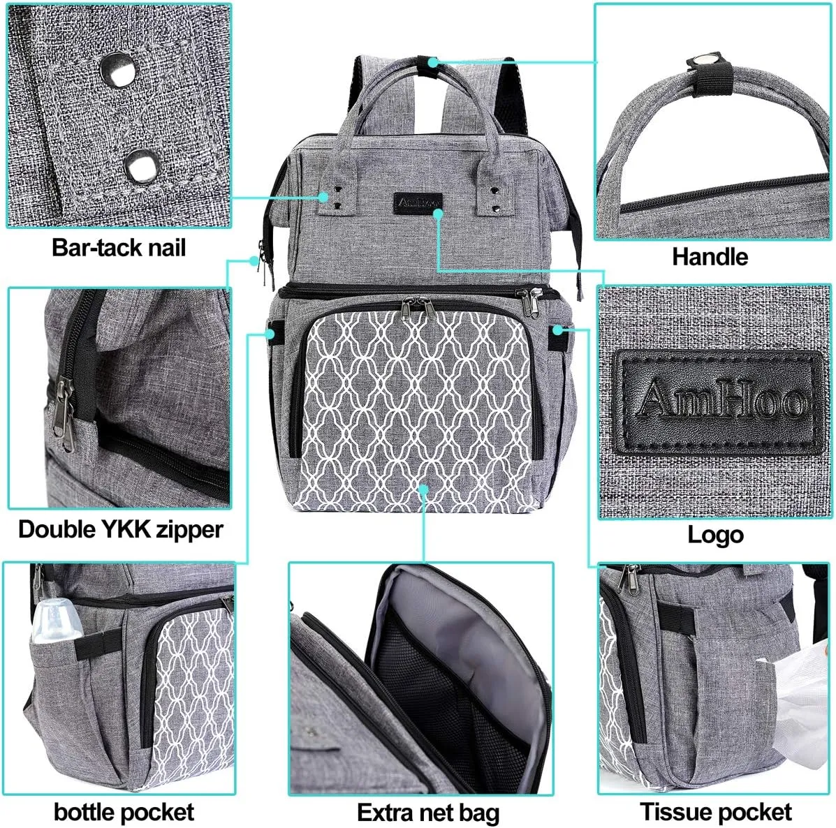 AmHoo Insulated Lunch Box Cooler Backpack Waterproof Leak-proof Lunch Bag Tote For Men Women Hiking Beach Picnic Trip with Strongest YKK Zipper Gray