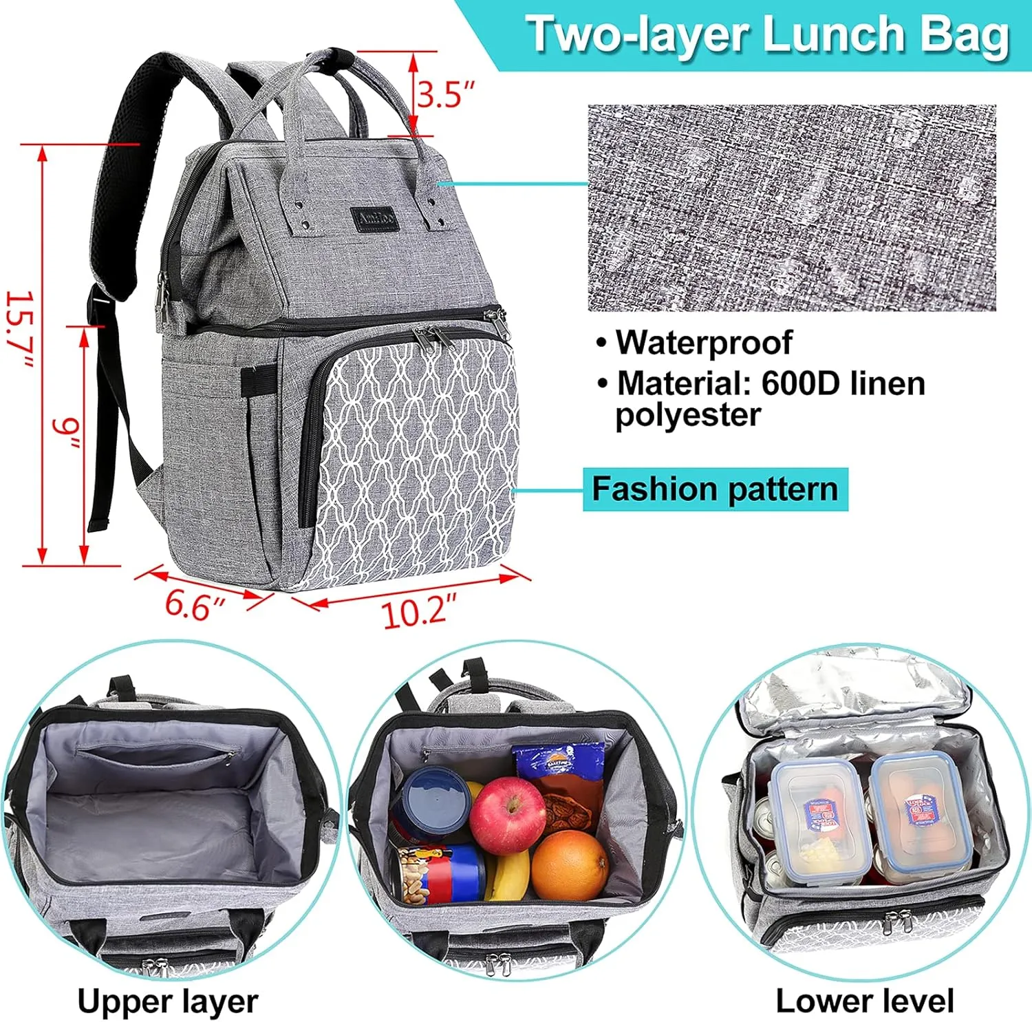AmHoo Insulated Lunch Box Cooler Backpack Waterproof Leak-proof Lunch Bag Tote For Men Women Hiking Beach Picnic Trip with Strongest YKK Zipper Gray