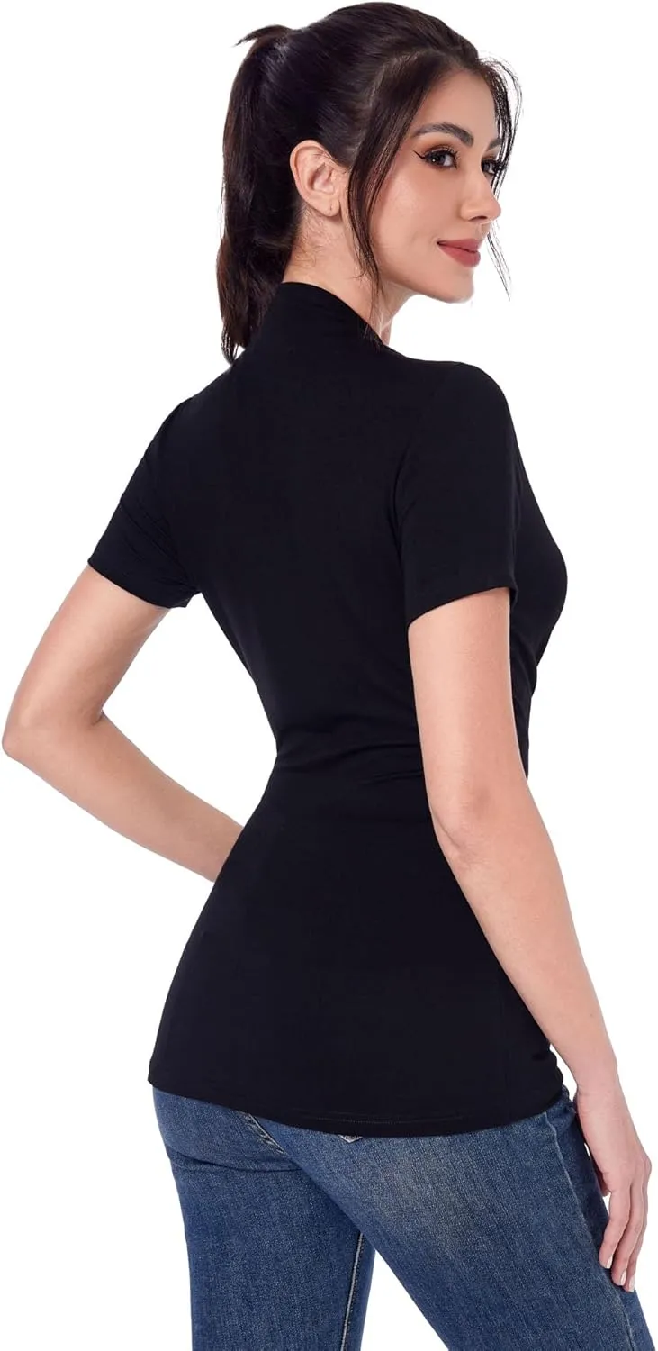 AmélieBoutik Women Casual V Neck Faux Wrap Ruched Side Short Sleeve Slim Fitted Blouse top