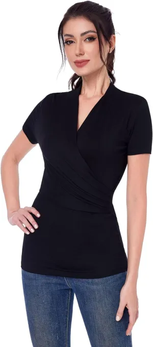 AmélieBoutik Women Casual V Neck Faux Wrap Ruched Side Short Sleeve Slim Fitted Blouse top