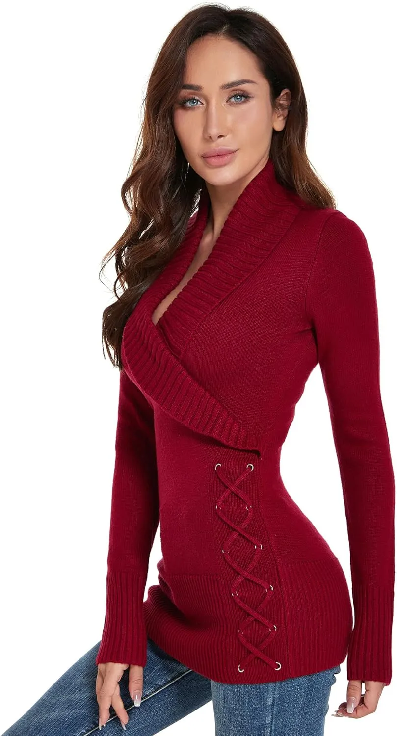 AmélieBoutik Women Slim Fit Sexy Casual Shawl Collar Faux Wrap Lace Up Long Sleeve Sweater