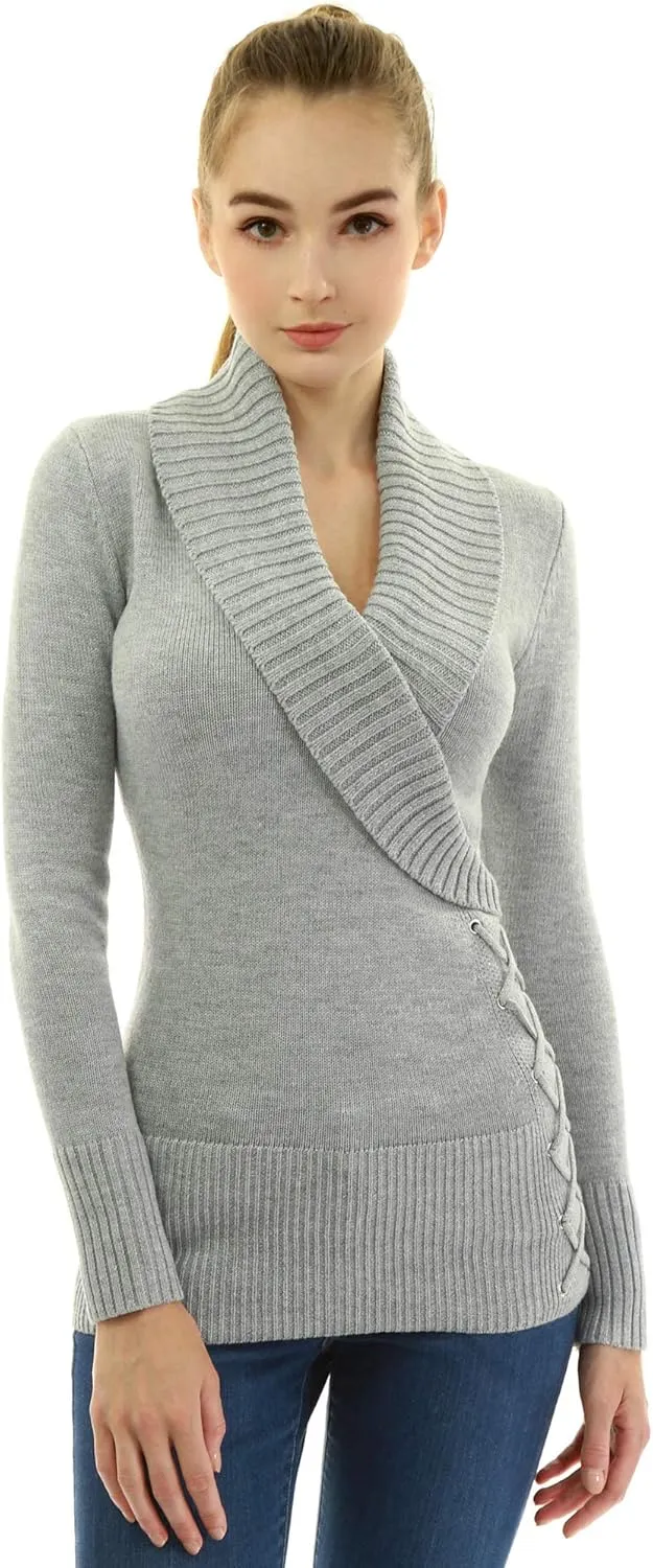 AmélieBoutik Women Slim Fit Sexy Casual Shawl Collar Faux Wrap Lace Up Long Sleeve Sweater