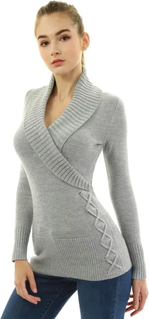 AmélieBoutik Women Slim Fit Sexy Casual Shawl Collar Faux Wrap Lace Up Long Sleeve Sweater