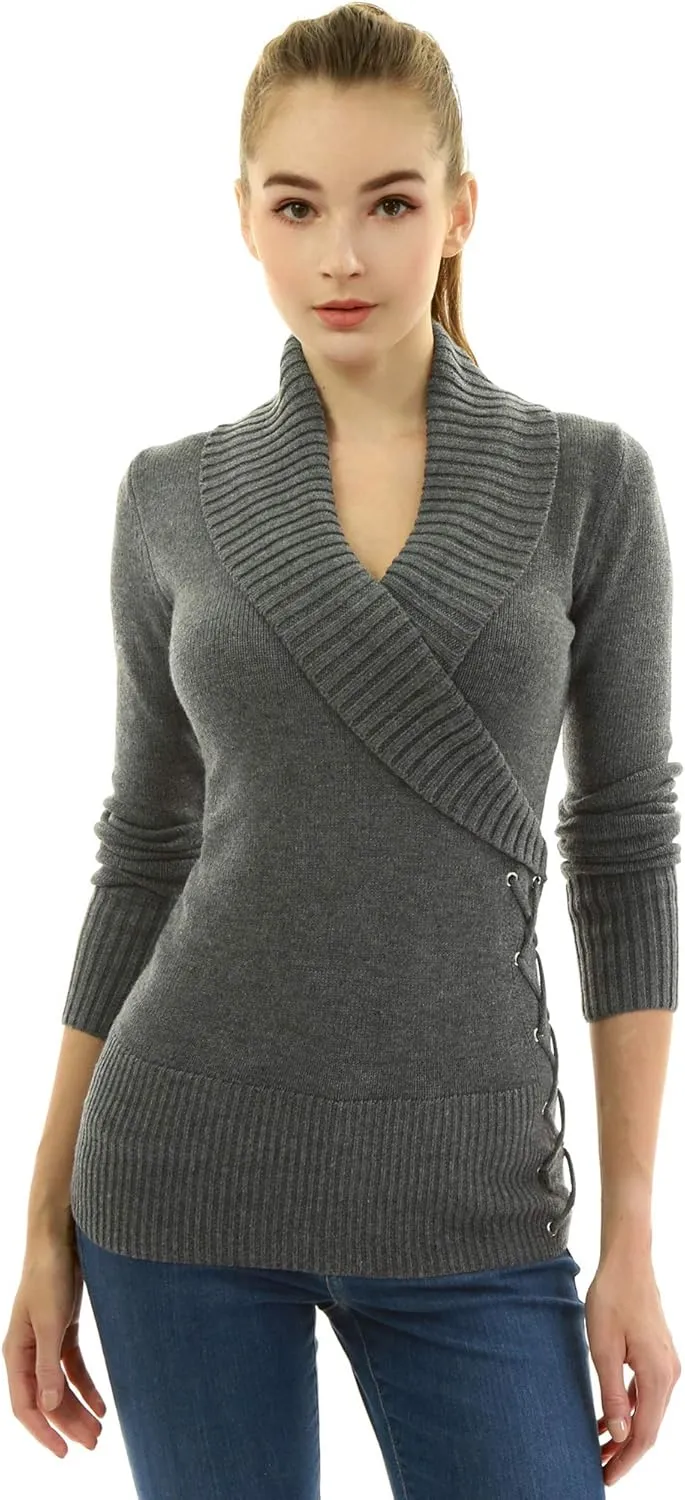 AmélieBoutik Women Slim Fit Sexy Casual Shawl Collar Faux Wrap Lace Up Long Sleeve Sweater