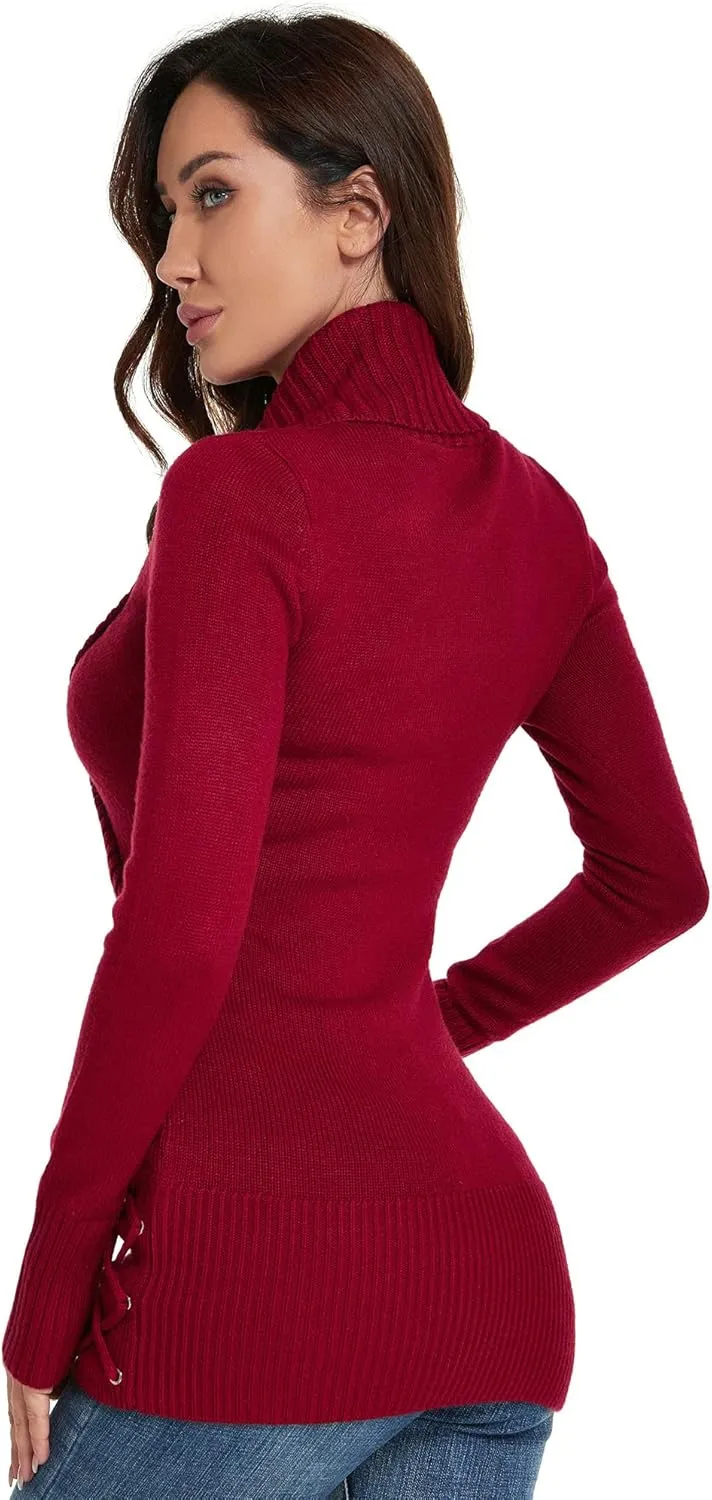 AmélieBoutik Women Slim Fit Sexy Casual Shawl Collar Faux Wrap Lace Up Long Sleeve Sweater