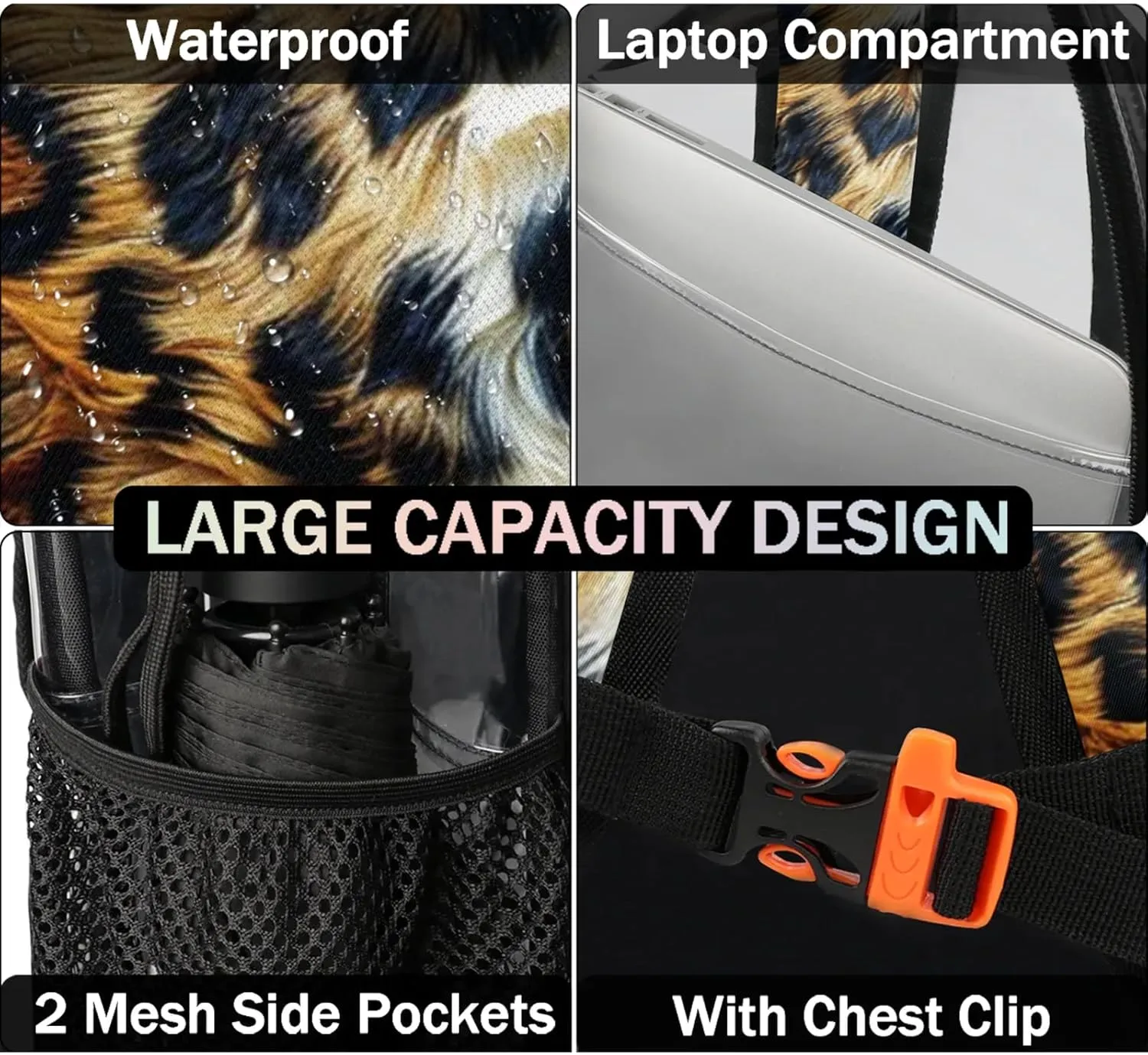 Animals Tiger Fur Clear Backpack for Stadium Events Heavy Duty Transparent Daypack PVC See Through Clear BookBag for for Women Men Adults Concerts Work Festival Sports Travel