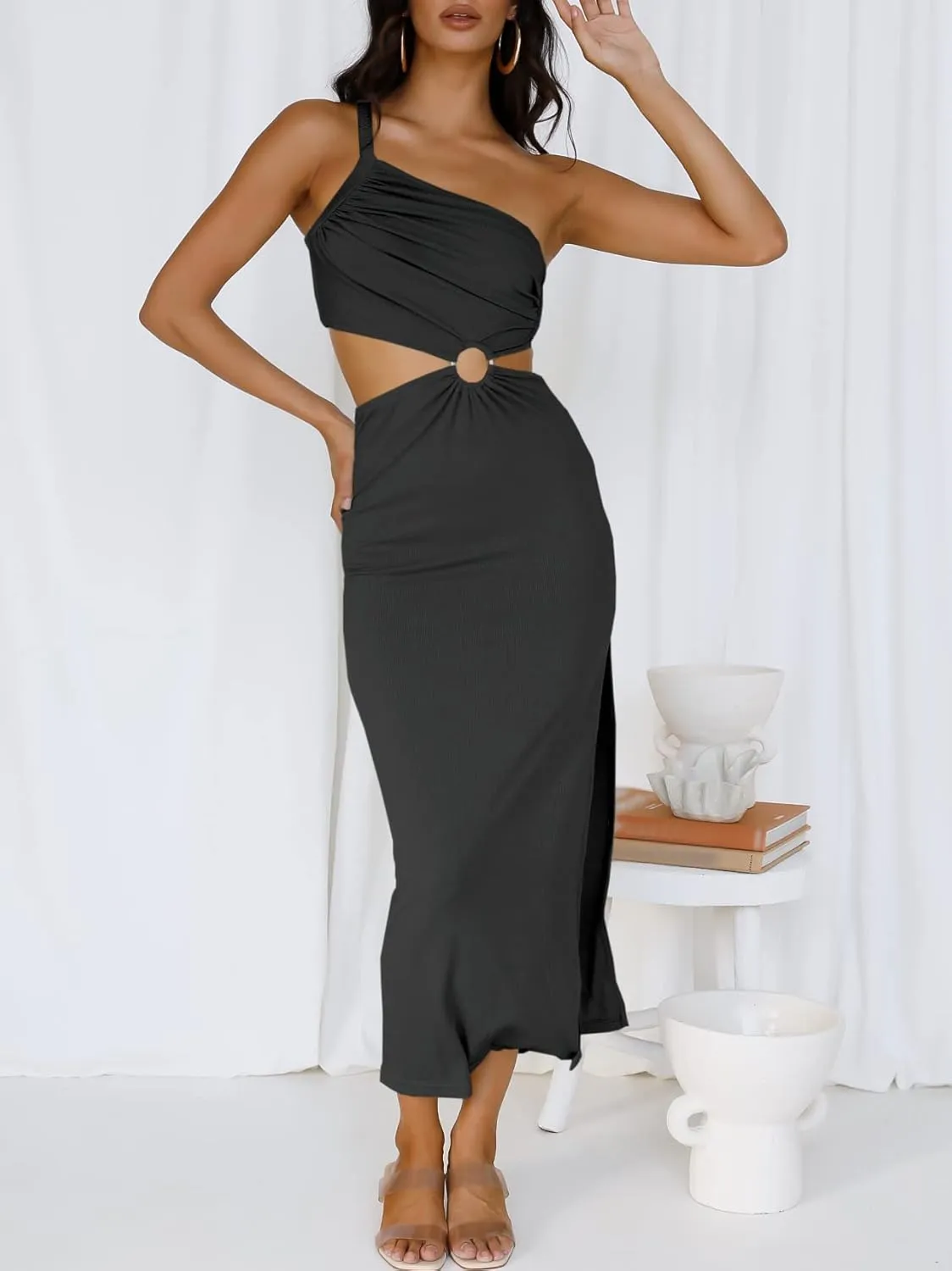 ANRABESS Women Summer One Shoulder Sleeveless Maxi Dress Cutout Sexy Bodycon Semi Formal Dinner Date Vacation Dresses