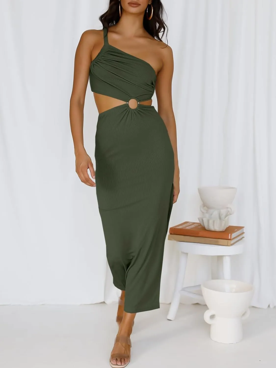 ANRABESS Women Summer One Shoulder Sleeveless Maxi Dress Cutout Sexy Bodycon Semi Formal Dinner Date Vacation Dresses