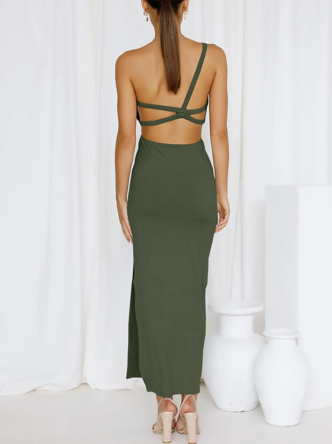 ANRABESS Women Summer One Shoulder Sleeveless Maxi Dress Cutout Sexy Bodycon Semi Formal Dinner Date Vacation Dresses