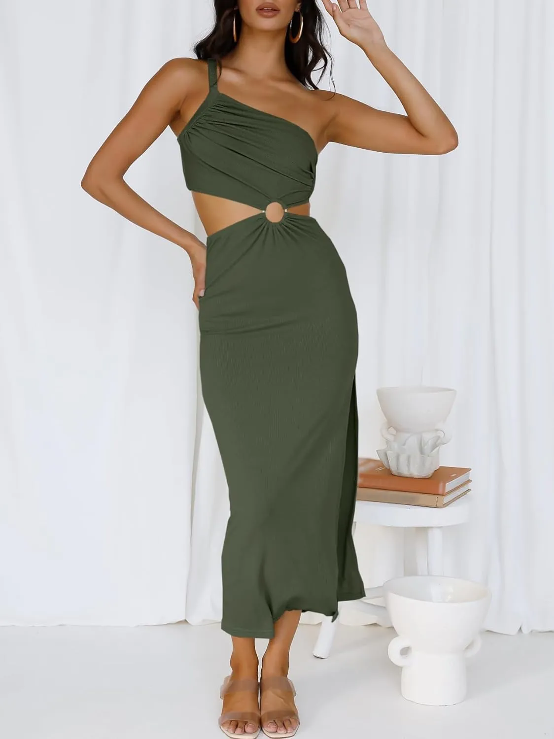 ANRABESS Women Summer One Shoulder Sleeveless Maxi Dress Cutout Sexy Bodycon Semi Formal Dinner Date Vacation Dresses