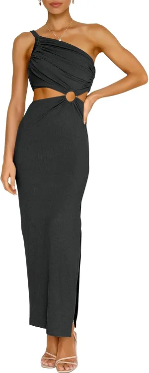 ANRABESS Women Summer One Shoulder Sleeveless Maxi Dress Cutout Sexy Bodycon Semi Formal Dinner Date Vacation Dresses