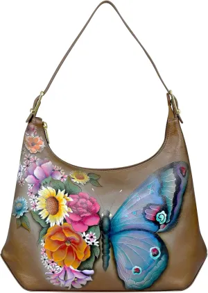 Anuschka Women’s Original Genuine Leather Hand-Painted Slim Shoulder Hobo - Leather Handbag with Zip Entry, Multiple Pockets