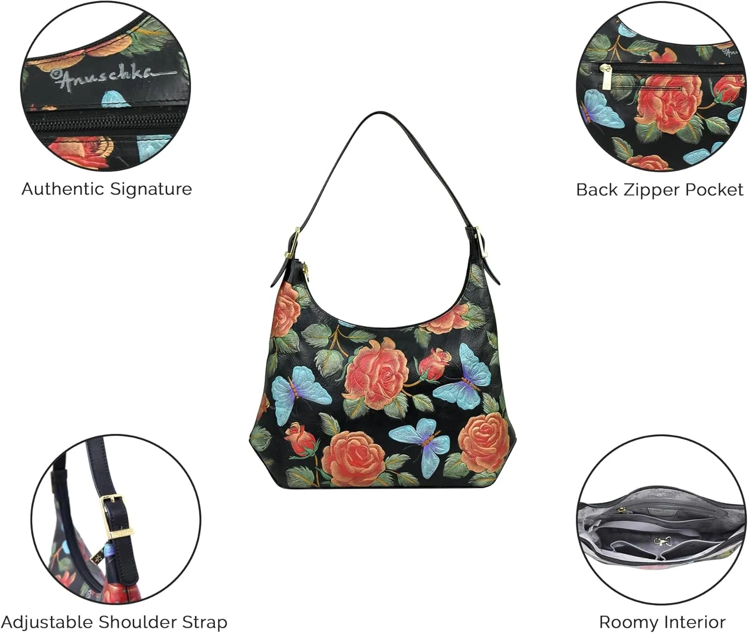 Anuschka Women’s Original Genuine Leather Hand-Painted Slim Shoulder Hobo - Leather Handbag with Zip Entry, Multiple Pockets
