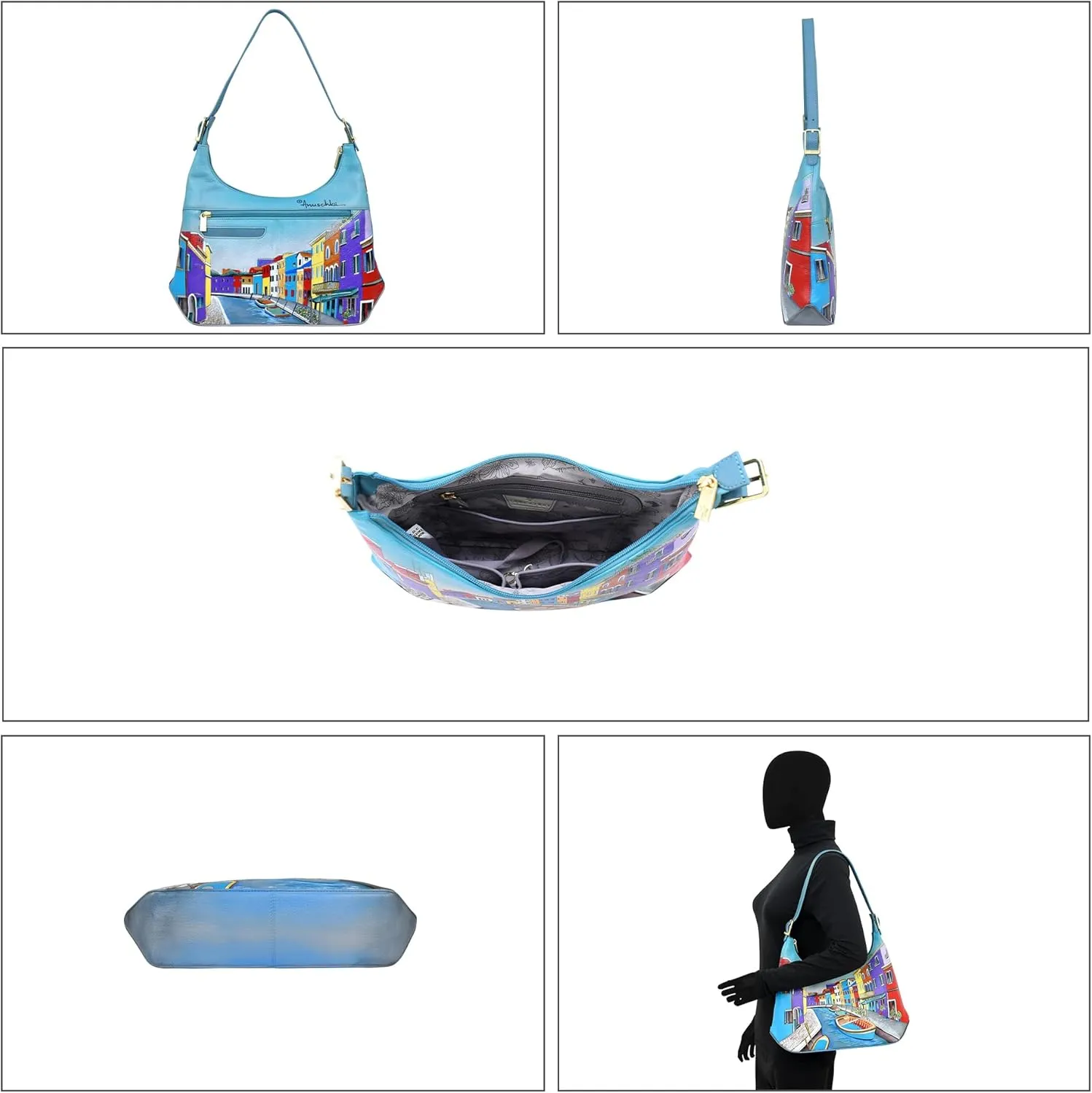 Anuschka Women’s Original Genuine Leather Hand-Painted Slim Shoulder Hobo - Leather Handbag with Zip Entry, Multiple Pockets