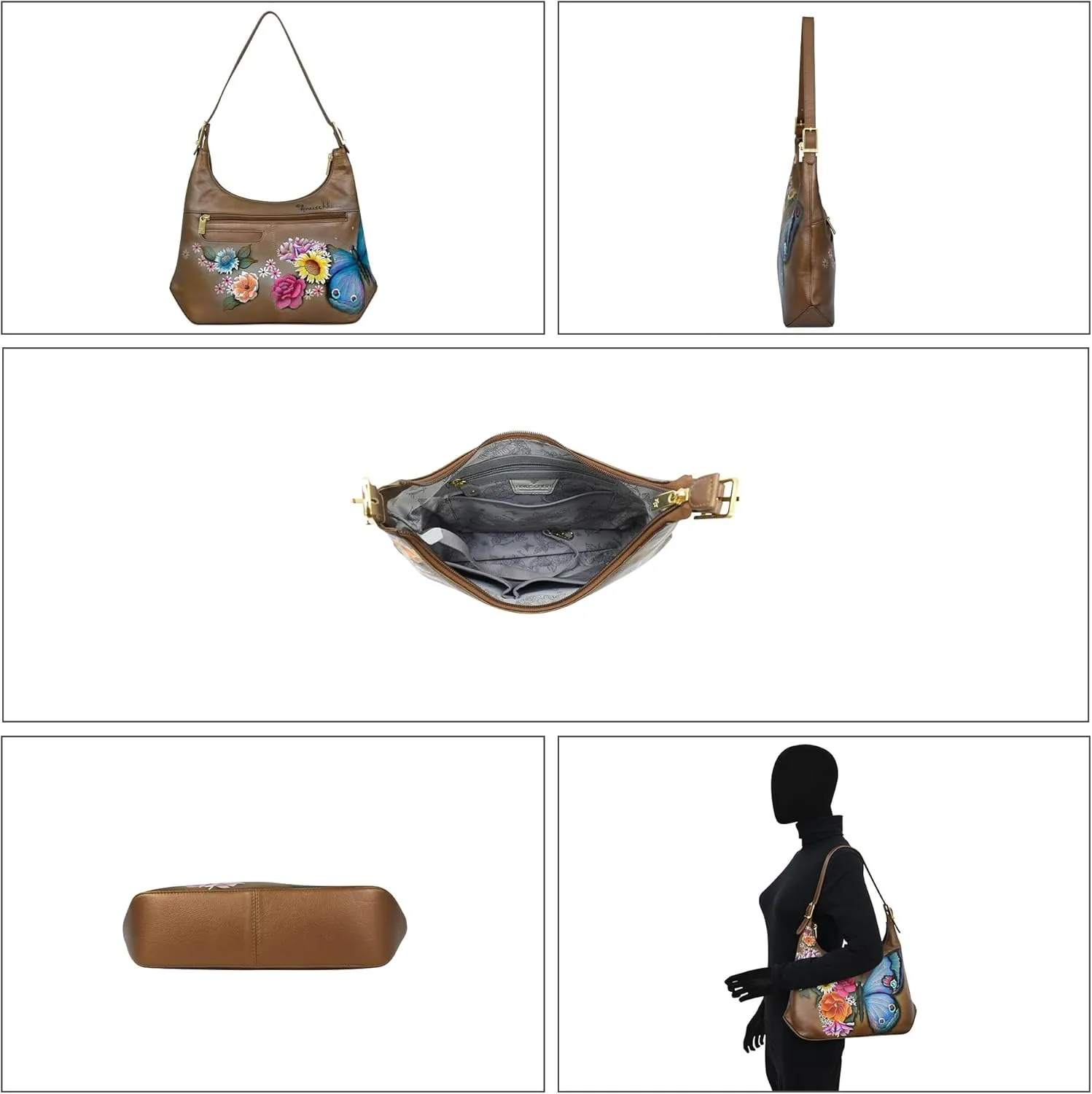 Anuschka Women’s Original Genuine Leather Hand-Painted Slim Shoulder Hobo - Leather Handbag with Zip Entry, Multiple Pockets