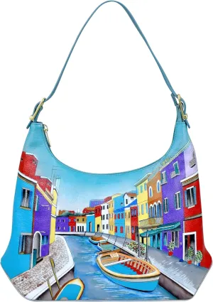 Anuschka Women’s Original Genuine Leather Hand-Painted Slim Shoulder Hobo - Leather Handbag with Zip Entry, Multiple Pockets
