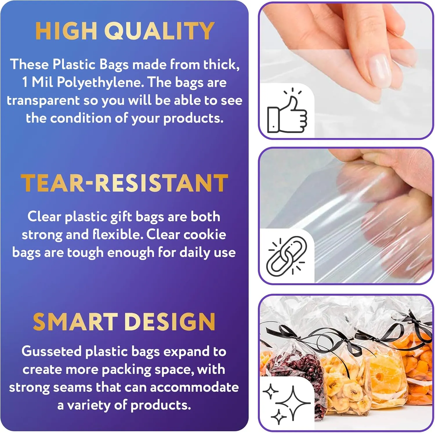 APQ Clear Gusseted Poly Bags, 8 x 4 x 20 Inch. Pack of 100 Gusseted Plastic Bags 1 Mil Thick for Favors with Open Top. Clear Plastic Bags for Packaging Cookies, Popcorn, Candies, Homemade Bread