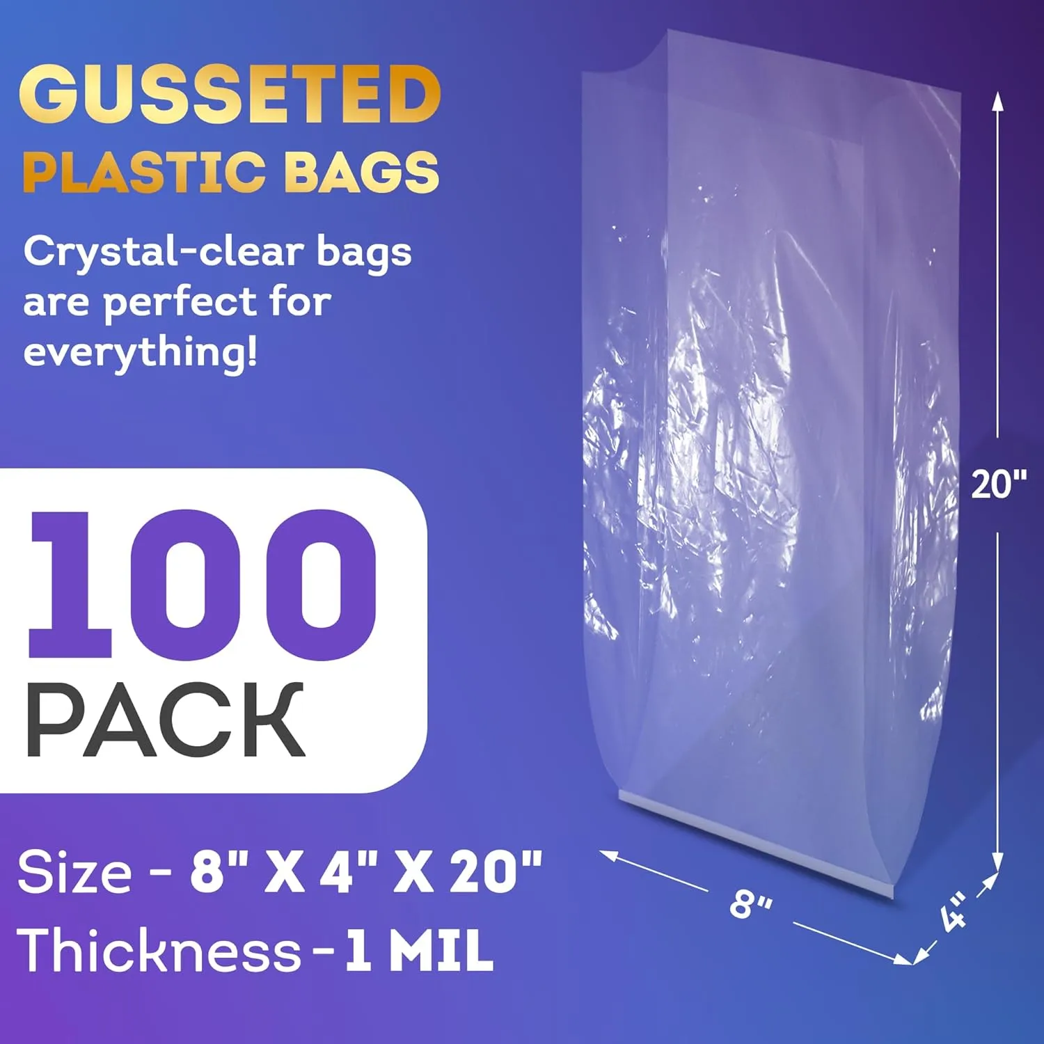 APQ Clear Gusseted Poly Bags, 8 x 4 x 20 Inch. Pack of 100 Gusseted Plastic Bags 1 Mil Thick for Favors with Open Top. Clear Plastic Bags for Packaging Cookies, Popcorn, Candies, Homemade Bread
