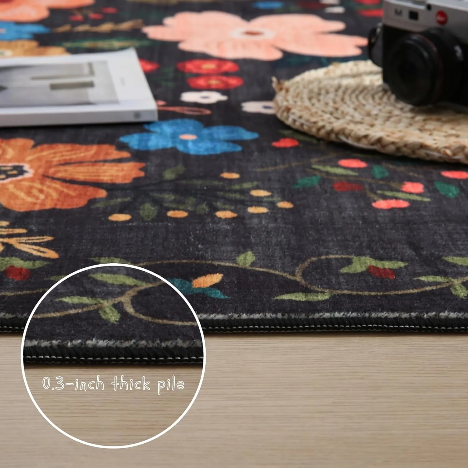 Area Rug 4x6 Rug Washable Boho Rugs Non Slip Low Pile Floral Small Carpet for Bedroom, Bedside, Kids Room, Office, Dining Room(Black)