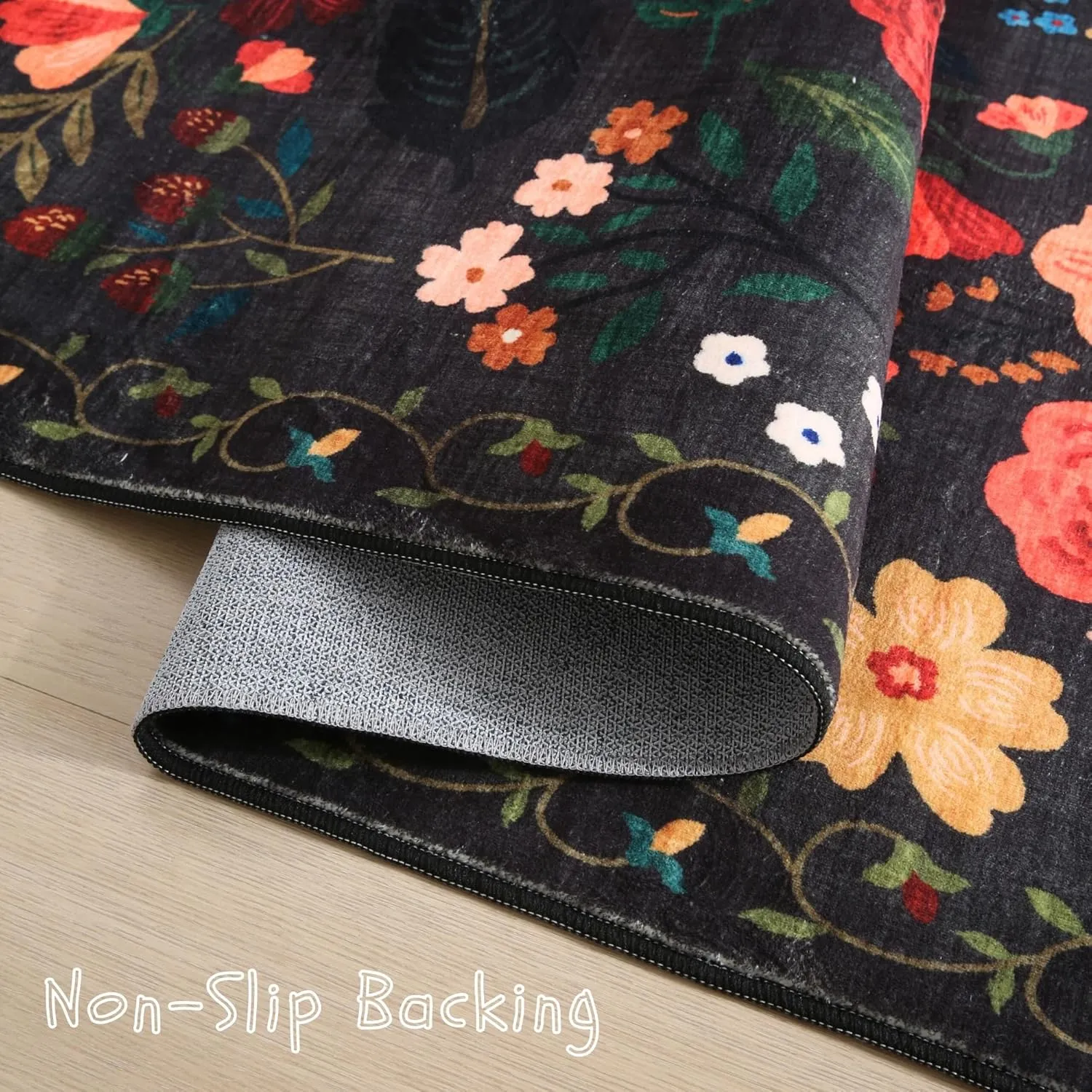 Area Rug 4x6 Rug Washable Boho Rugs Non Slip Low Pile Floral Small Carpet for Bedroom, Bedside, Kids Room, Office, Dining Room(Black)