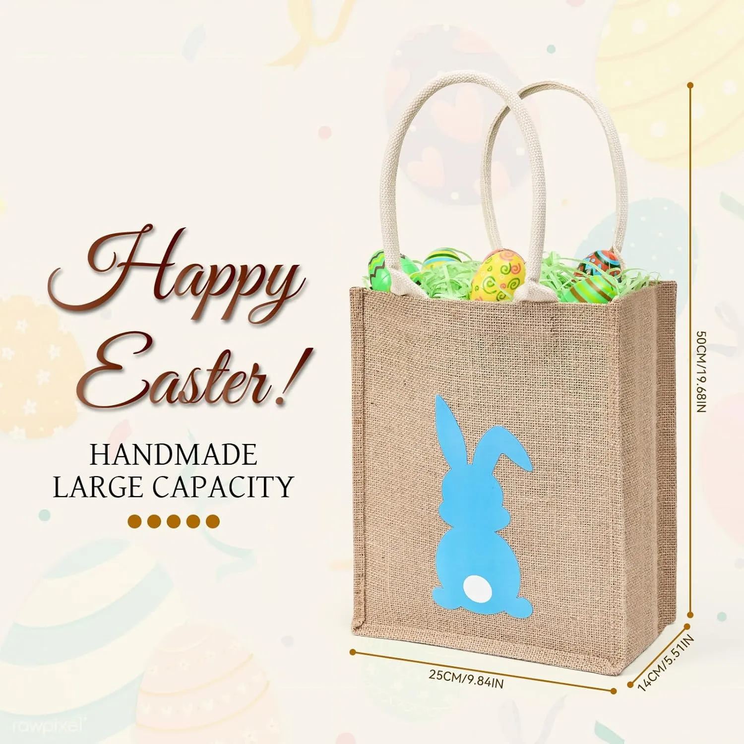 ATFUNSHOP Easter Tote Bag for Kids Reusable Blue Bunny Basket for Egg Hunt Linen