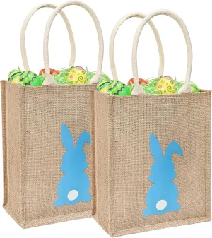 ATFUNSHOP Easter Tote Bag for Kids Reusable Blue Bunny Basket for Egg Hunt Linen