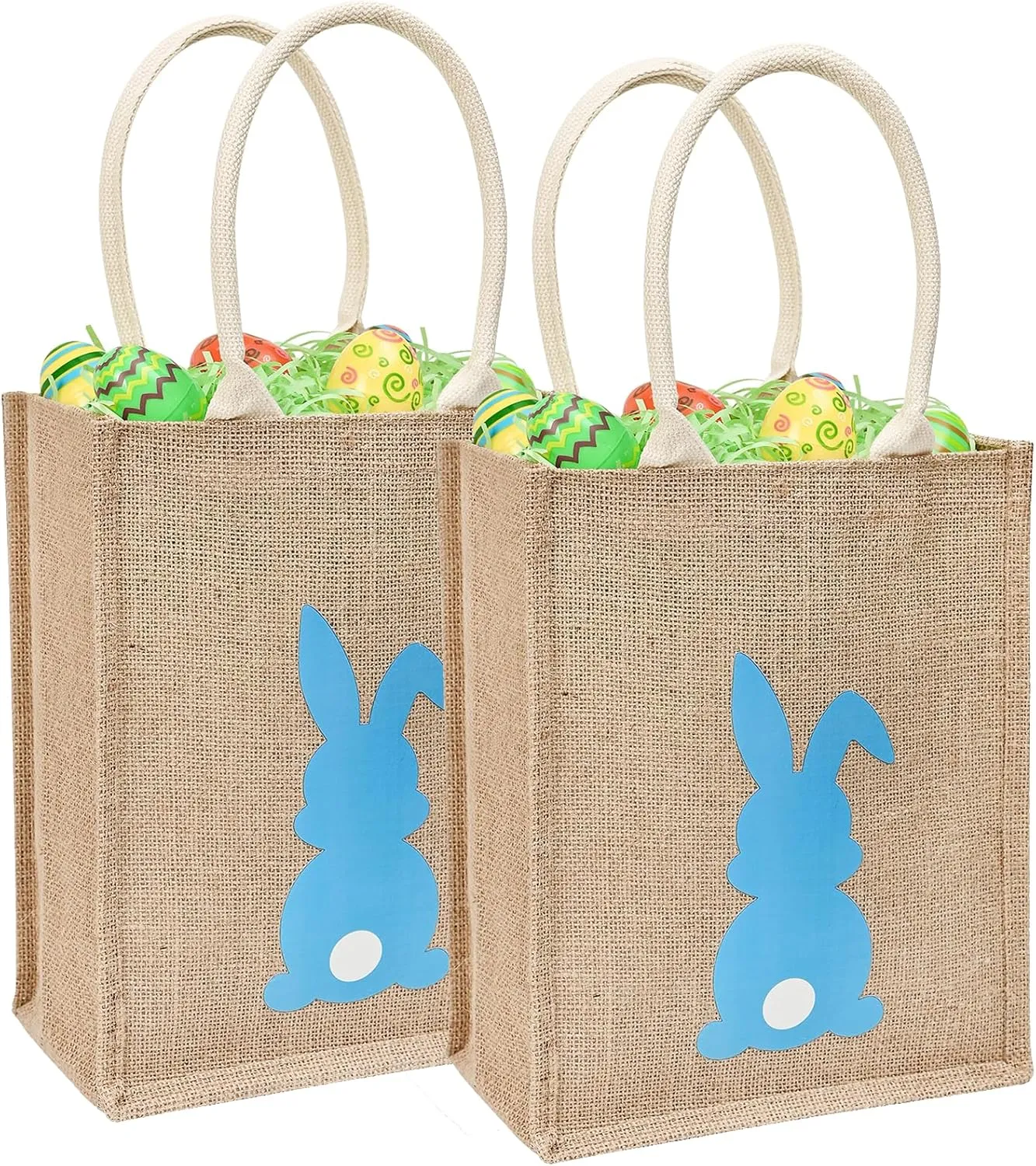 ATFUNSHOP Easter Tote Bag for Kids Reusable Blue Bunny Basket for Egg Hunt Linen